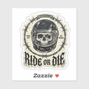 Sticker Motard "Ride or Die" Crâne Casque Cassé Fil de Fer