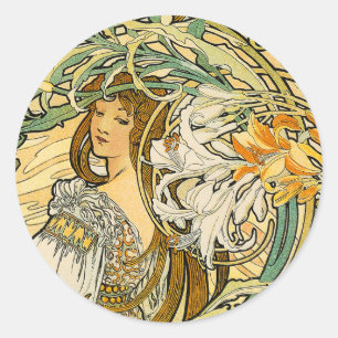 Sticker: Mucha - Taal van bloemen Ronde Sticker