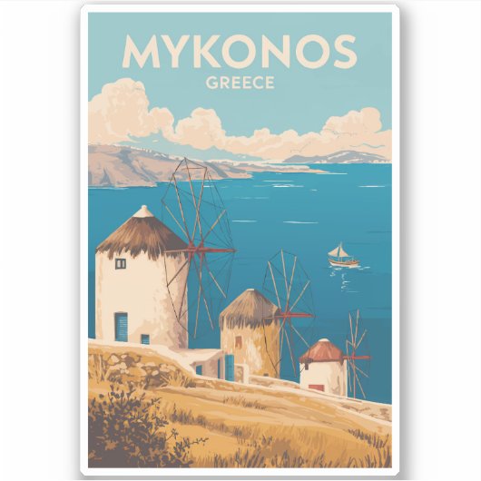 Sticker Mykonos Greece Illustration Travel Art Vintage (Devant)