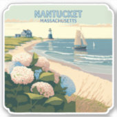 Sticker Nantucket Beach Hydrangeas Lighthouse Rétro (Devant)