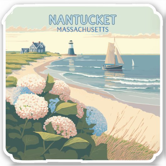 Sticker Nantucket Beach Hydrangeas Lighthouse Rétro (Devant)