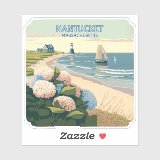 Sticker Nantucket Beach Hydrangeas Lighthouse Rétro (Feuille)