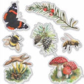Sticker Nature champignons boisés, abeilles, papillon (Devant)