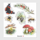 Sticker Nature champignons boisés, abeilles, papillon (Feuille)