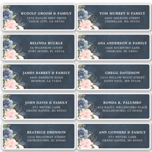 Sticker Navy Blue Blush rose Floral Mariage Adresse d'invi (Devant)