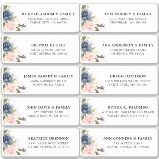 Sticker Navy Blue Blush rose Floral Mariage Adresse d'invi (Devant)