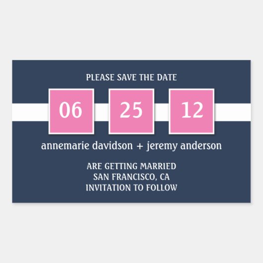 Sticker - Navy Pink Squares Bewaar de datum (Voorkant)