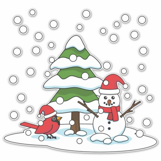 Sticker Neige tombant sur Cardinal, Snowman et Pine Tree (Devant)