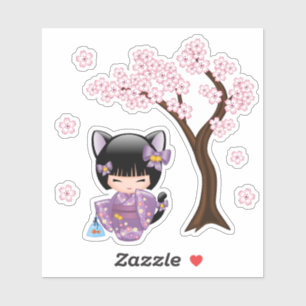 Sticker Neko Kokeshi Poupée - Cat Ears Geisha Girl