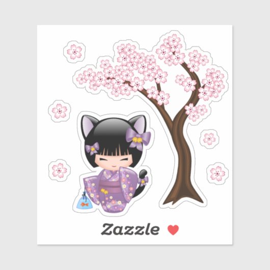 Sticker Neko Kokeshi Poupée - Cat Ears Geisha Girl (Feuille)