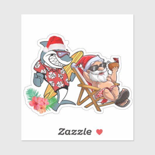 Sticker Noël en été Père Noël Shark Hawaiian Surfing (Feuille)