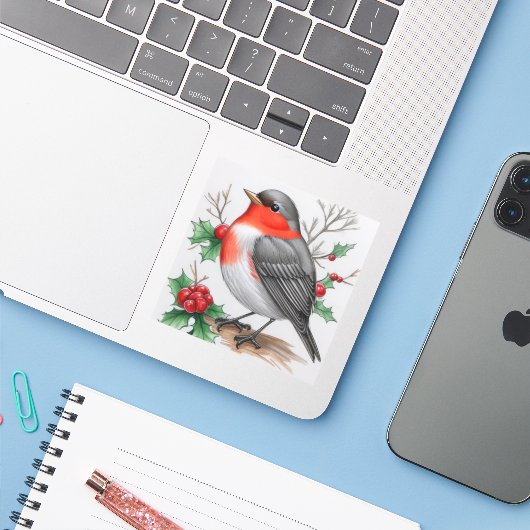 Sticker Noël Red Robin Bird (Ordinateur portable avec iPhone)