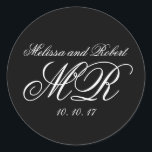 Sticker Noir Blanc Script Monogrammes Mariage Favo<br><div class="desc">Élégant Script Noir et Blanc Double Monogramme Initiales Mariage Favor Sticker personnalisé avec vos deux initiales, les noms de mariée et de mariée et date mariage en blanc Flamand Texte de police de script sur un arrière - plan de couleur solide que vous pouvez changer pour correspondre à vos couleurs...</div>