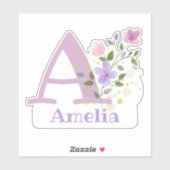 Sticker Nom Amelia plus Initial avec Floral Design (Feuille)