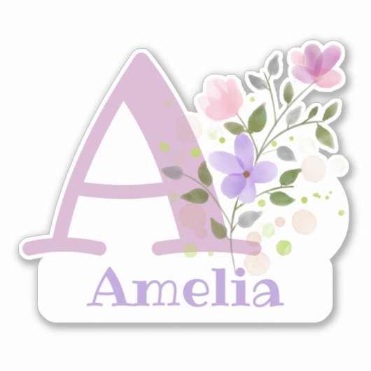 Sticker Nom Amelia plus initiale avec motif floral (Devant)