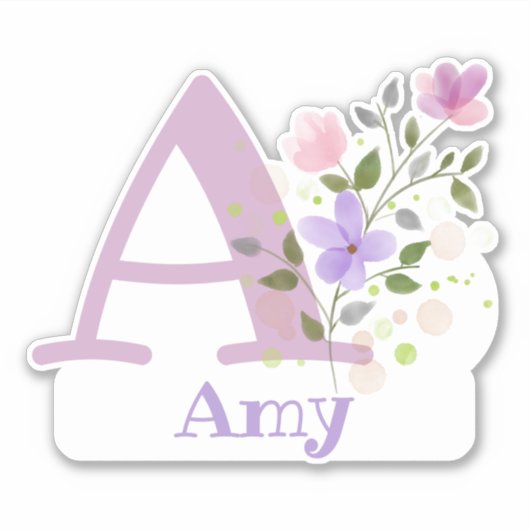 Sticker Nom Amy et Initial avec design floral (Devant)