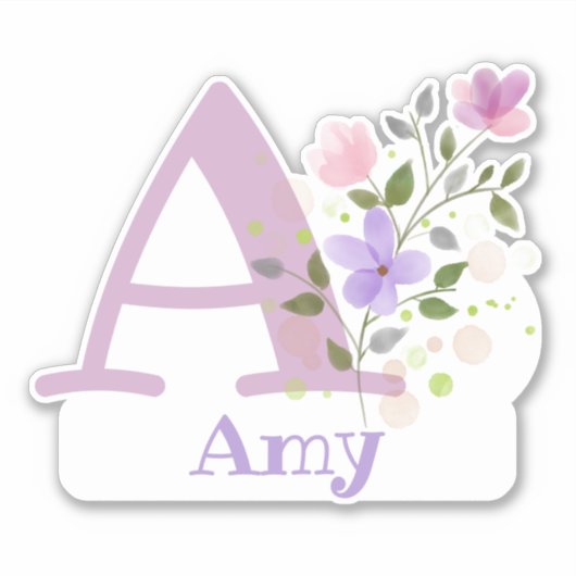 Sticker Nom Amy et initiale avec motif floral (Devant)