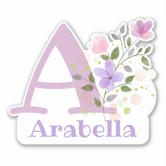 Sticker Nom Arabella et Initial avec design floral (Devant)