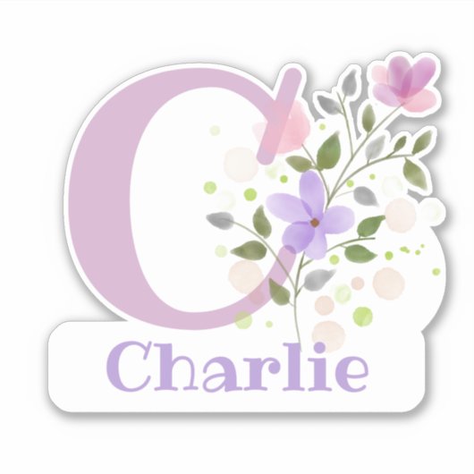 Sticker Nom Charlie plus Initial avec design floral (Devant)