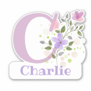 Sticker Nom Charlie plus initiale avec motif floral