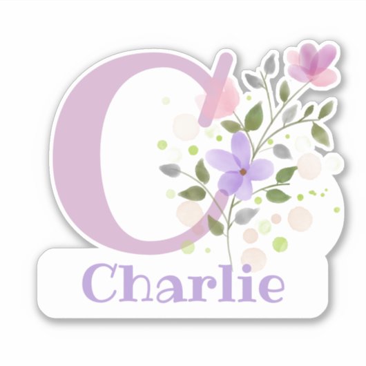 Sticker Nom Charlie plus initiale avec motif floral (Devant)