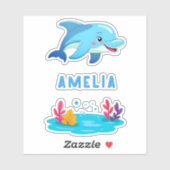 Sticker Nom des animaux de mer dauphins mignons (Feuille)