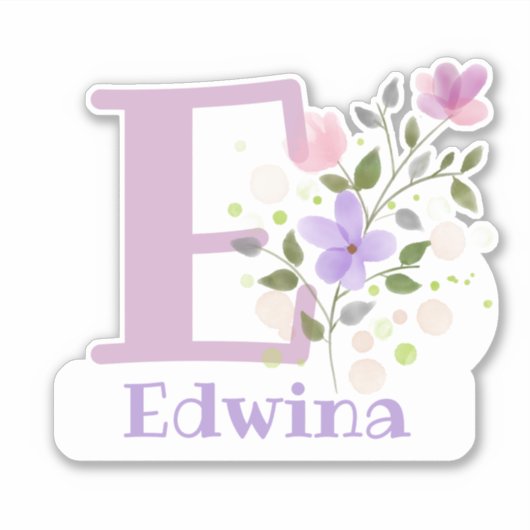 Sticker Nom Edwina plus Initial avec Floral Design (Devant)