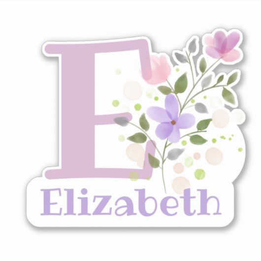 Sticker Nom Elizabeth plus initiale avec motif floral (Devant)