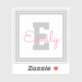 Sticker Nom et monogramme encadrés | Gris clair et rose (Feuille)