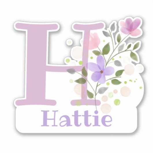 Sticker Nom Hattie & Initiale avec Design Floral (Devant)