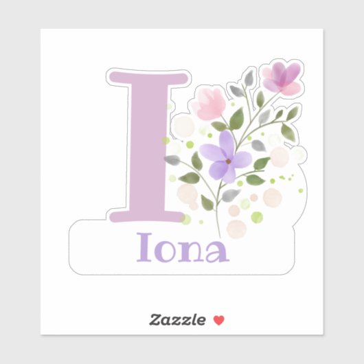 Sticker Nom Iona & Initial avec design floral (Feuille)