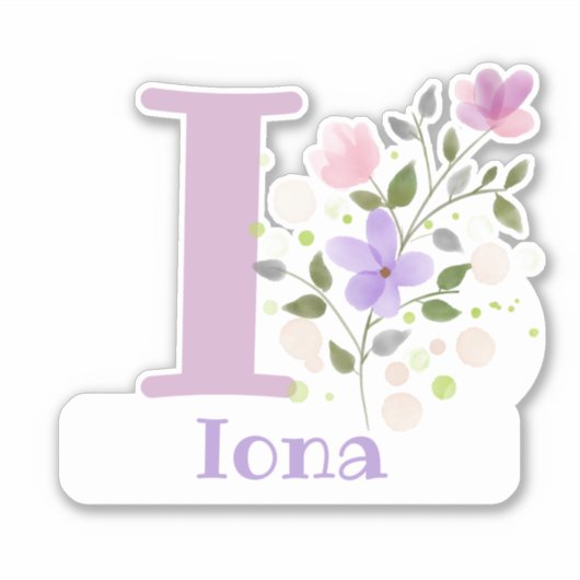 Sticker Nom Iona & Initial avec design floral (Devant)