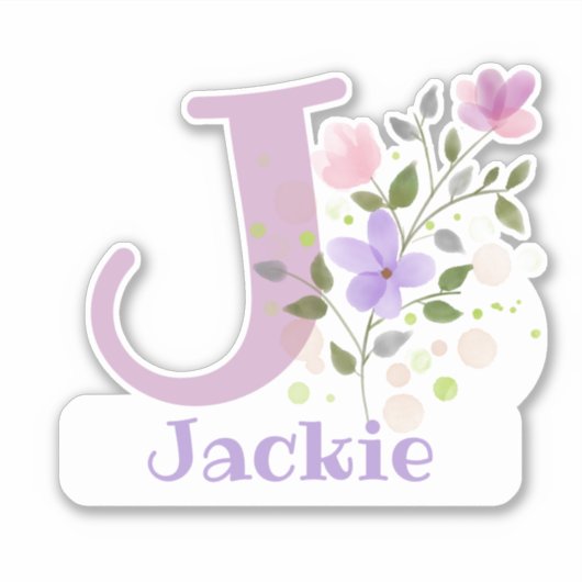 Sticker Nom Jackie plus initiale avec motif floral (Devant)