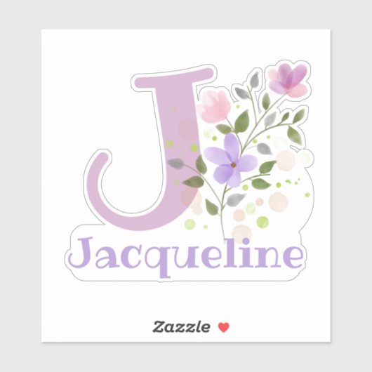 Sticker Nom Jacqueline & Initiale avec Design Floral (Feuille)