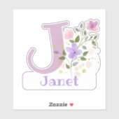 Sticker Nom Janet & Initial avec design floral (Feuille)
