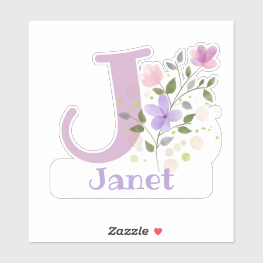 Sticker Nom Janet & Initial avec design floral (Feuille)