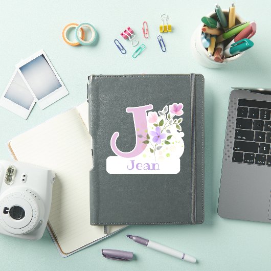 Sticker Nom Jean plus Initial avec Floral Design (Couverture iPad)