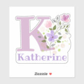 Sticker Nom Katherine plus initiale avec motif floral (Feuille)