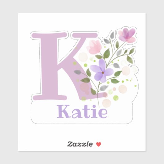 Sticker Nom Katie & Initial avec design floral (Feuille)