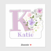 Sticker Nom Katie & Initiale avec motif floral (Feuille)