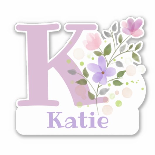 Sticker Nom Katie & Initiale avec motif floral (Devant)
