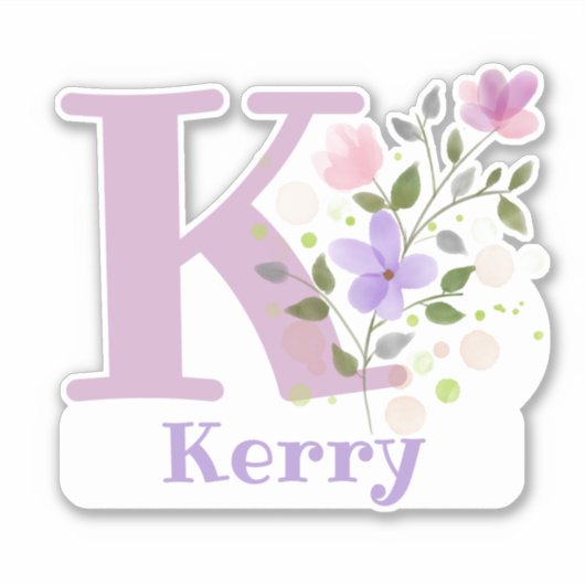 Sticker Nom Kerry plus initiale avec motif floral (Devant)