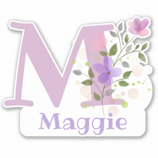 Sticker Nom Maggie plus Initial avec Floral Design (Devant)