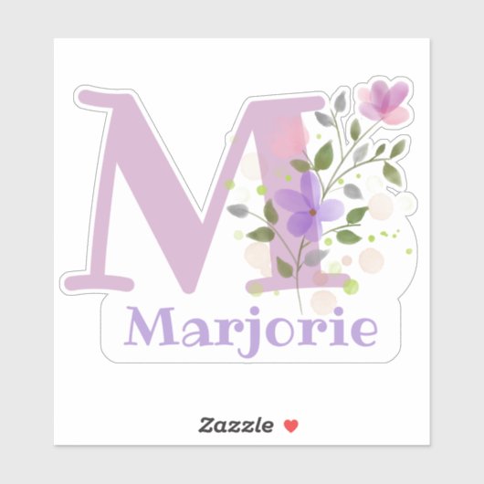 Sticker Nom Marjorie & Initiale avec Design Floral (Feuille)