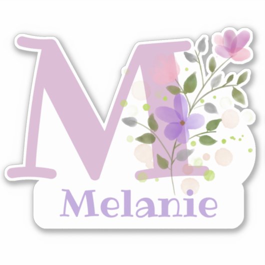 Sticker Nom Melanie & Initiale avec motif floral (Devant)