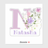 Sticker Nom Natasha & Initial avec design floral (Feuille)