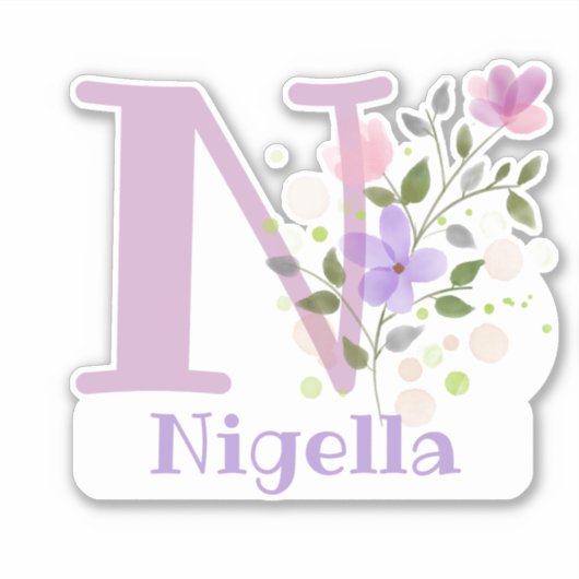 Sticker Nom Nigella & Initiale avec motif floral (Devant)
