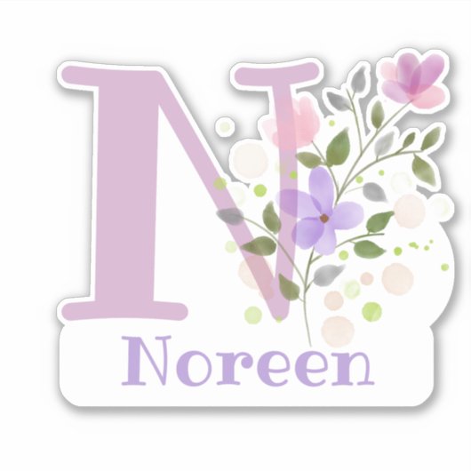 Sticker Nom Noreen & Initial avec design floral (Devant)