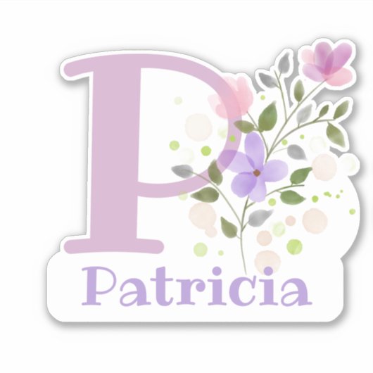 Sticker Nom Patricia & Initiale avec motif floral (Devant)