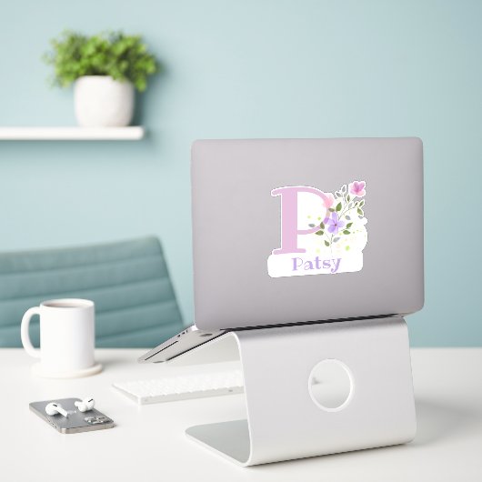 Sticker Nom Patsy & Initiale avec motif floral (Ordinateur portable sur le bureau)